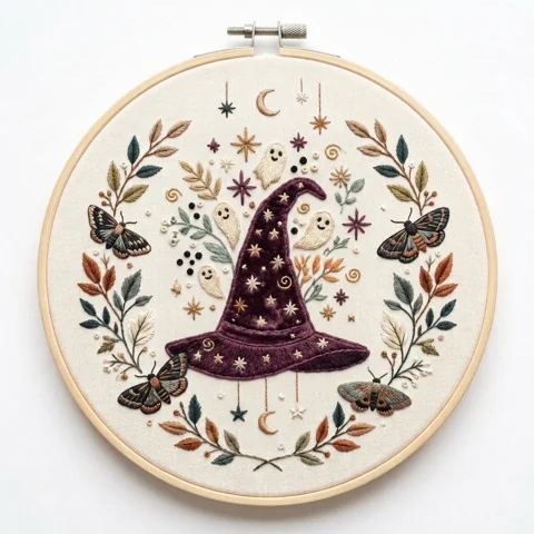 Plum Witch Hat with Four Ghosts Moths and Autumn Botanical Wreath hand embroidery design