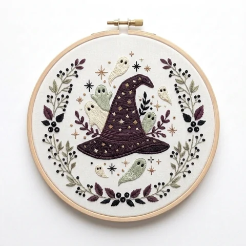 Plum Witch Hat with Six Ghosts Stars and Botanical Berry Wreath hand embroidery design