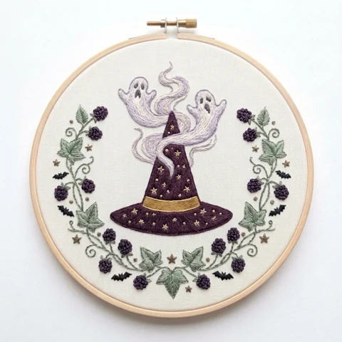Plum Witch Hat with Two Ghosts Bats and Ivy Berry Wreath hand embroidery design