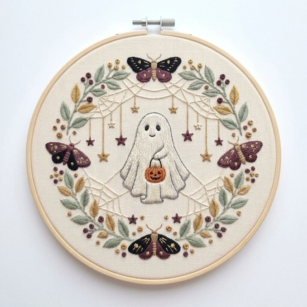 Pumpkin Bag Ghost Moths Spider Web Botanical Wreath colored hand embroidery design