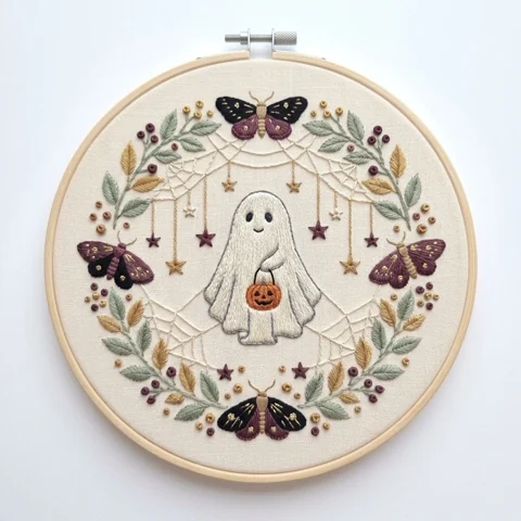 Pumpkin Bag Ghost Moths Spider Web Botanical Wreath hand embroidery design
