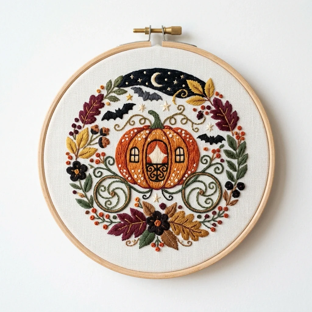 Pumpkin Carriage colored hand embroidery design