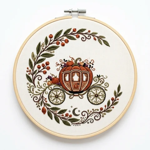 Pumpkin Carriage Autumn Botanical Wreath hand embroidery design