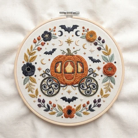 Pumpkin Carriage Bats Autumn Floral Wreath hand embroidery design