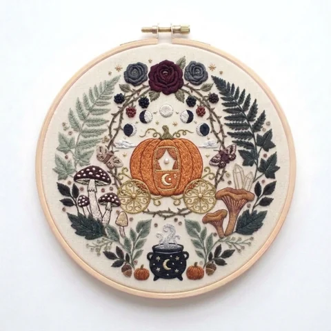Pumpkin Carriage Moon Phases Woodland Floral Wreath hand embroidery design