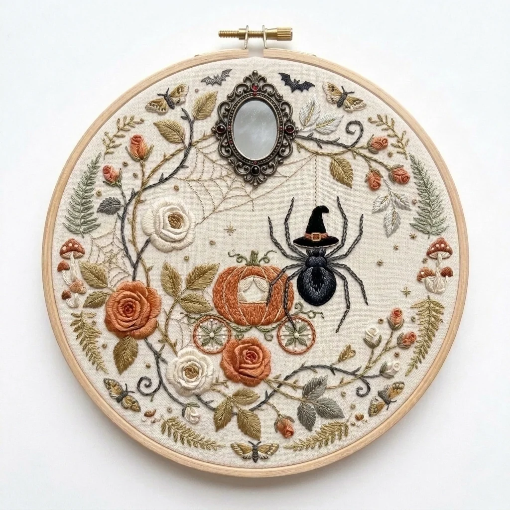 Pumpkin Carriage Witch Spider Antique Mirror colored hand embroidery design