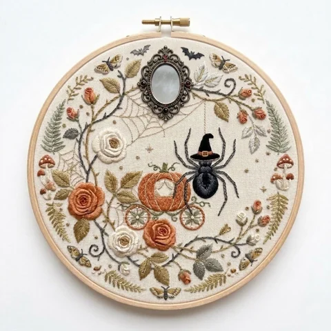 Pumpkin Carriage Witch Spider Antique Mirror hand embroidery design