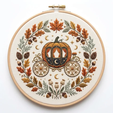 Pumpkin Carriage with Autumn Leaves Acorns Pinecones Moons hand embroidery design