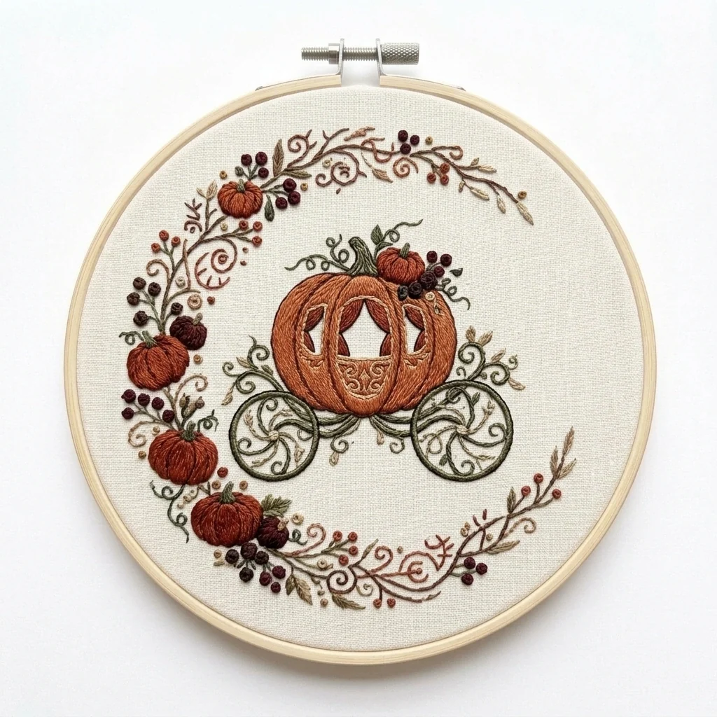 Pumpkin Carriage with Five Autumn Pumpkins Berry Vines and Botanical colored hand embroidery design