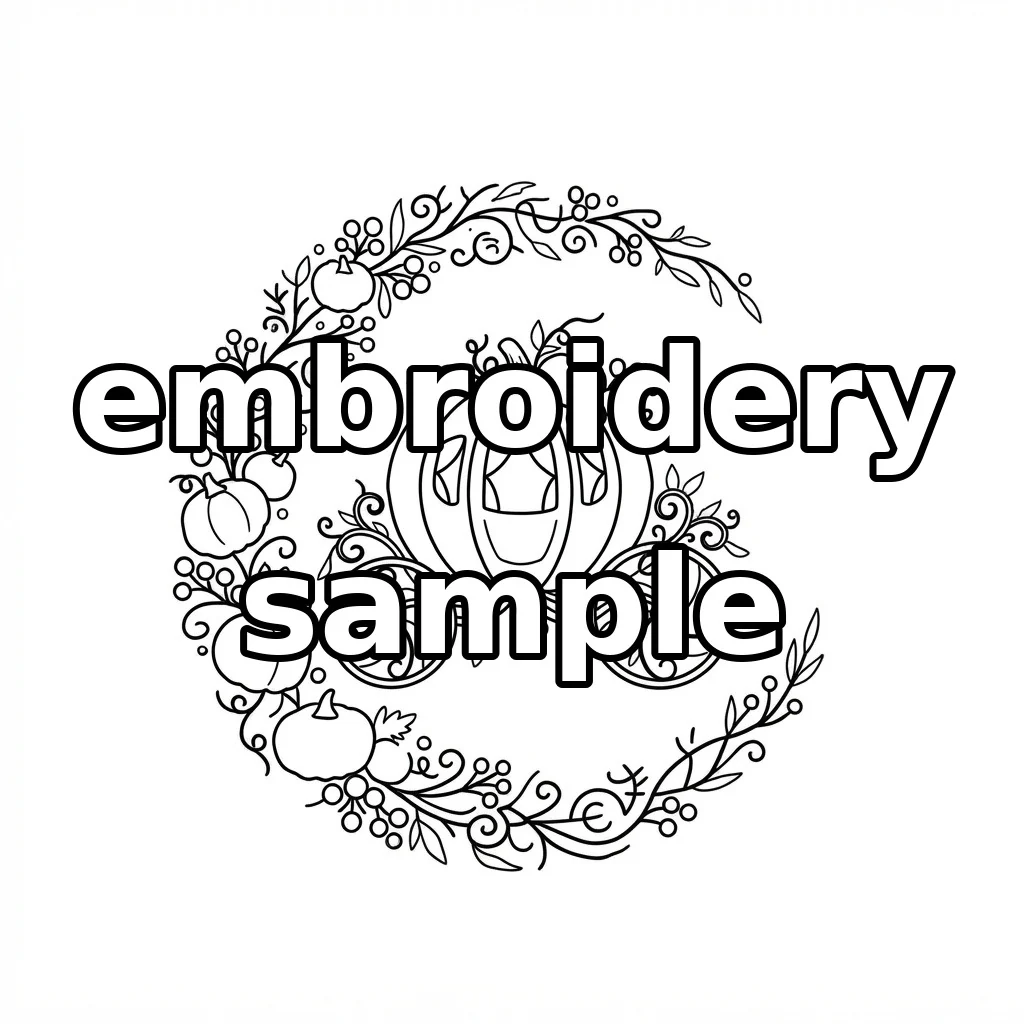 Watermarked Pumpkin Carriage with Five Autumn Pumpkins Berry Vines and Botanical embroidery outline