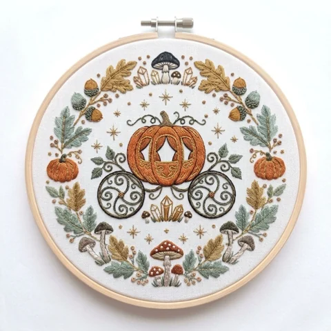 Woodland Pumpkin Carriage and Crystal Wreath hand embroidery design