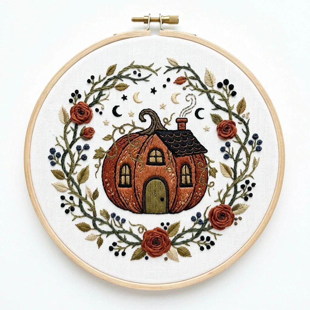 Pumpkin Cottage Autumn Rose Wreath colored hand embroidery design
