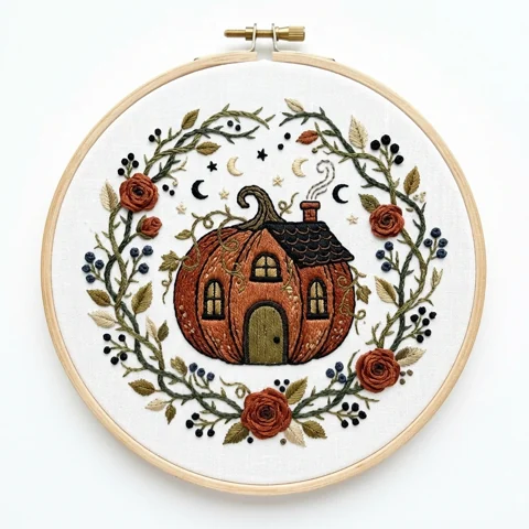 Pumpkin Cottage Autumn Rose Wreath hand embroidery design