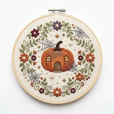 Pumpkin Cottage Spider Webs Autumn Floral Wreath hand embroidery design