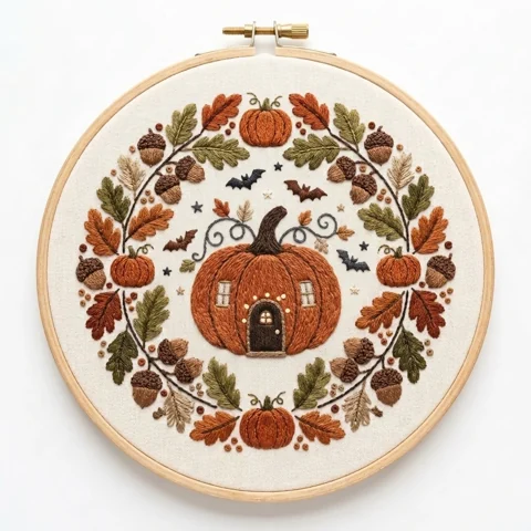 Pumpkin Cottage with Bats Acorns and Autumn Leaf Wreath hand embroidery design