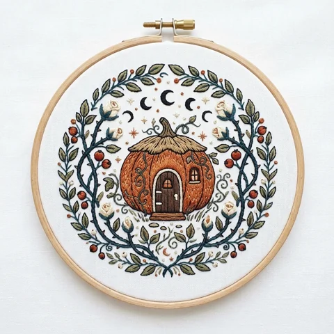 Pumpkin Cottage, Moon Phases and Cream Roses hand embroidery design