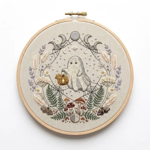 Pumpkin Ghost Moon Phases Woodland Web Wreath hand embroidery design