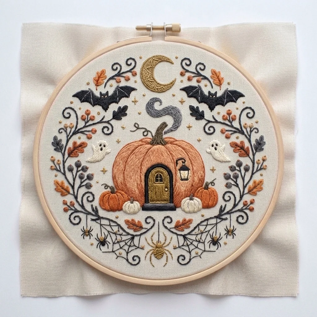 Pumpkin House Ghosts Moon Wreath colored hand embroidery design