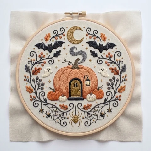 Pumpkin House Ghosts Moon Wreath hand embroidery design