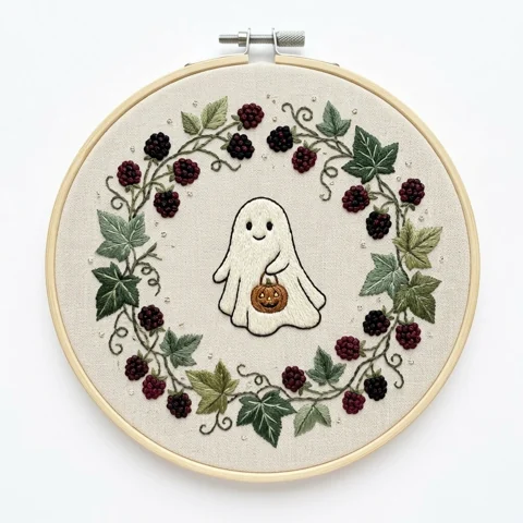 Pumpkin Pail Ghost Blackberry Vine Wreath hand embroidery design