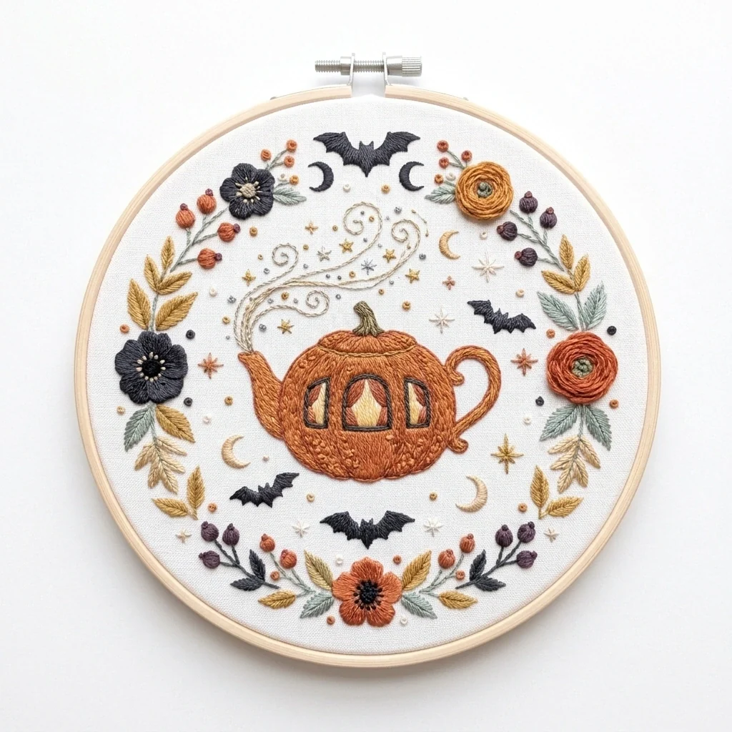 Pumpkin Teapot Bats Autumn Floral Wreath