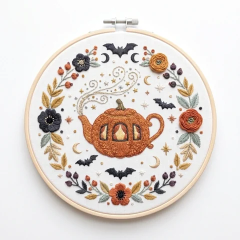 Pumpkin Teapot Bats Autumn Floral Wreath hand embroidery design