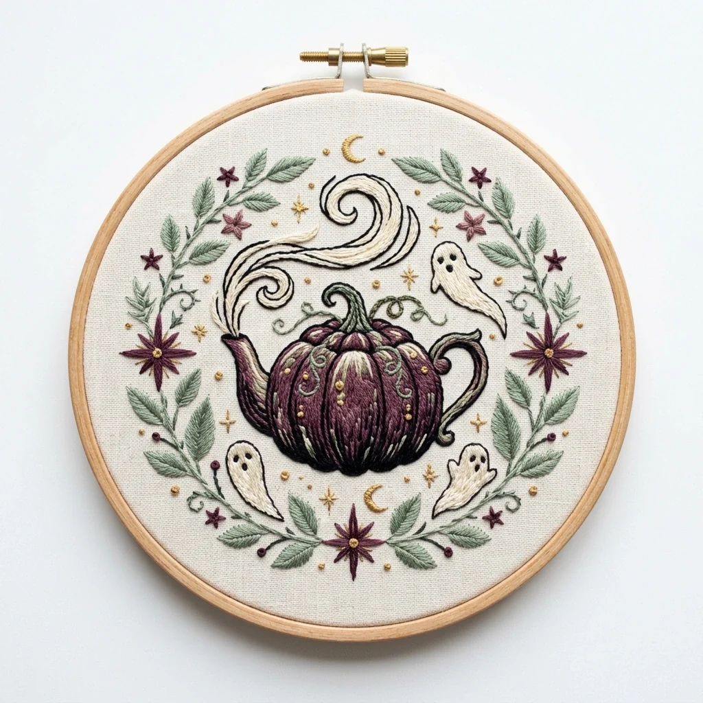 Pumpkin Teapot Ghosts Celestial Botanical Wreath colored hand embroidery design
