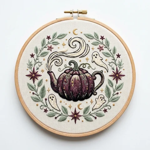 Pumpkin Teapot Ghosts Celestial Botanical Wreath hand embroidery design