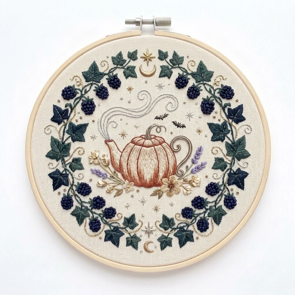 Pumpkin Teapot with Blackberry Vines and Celestial Accents colored hand embroidery design