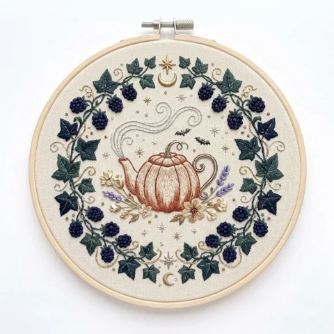 Pumpkin Teapot with Blackberry Vines and Celestial Accents hand embroidery design
