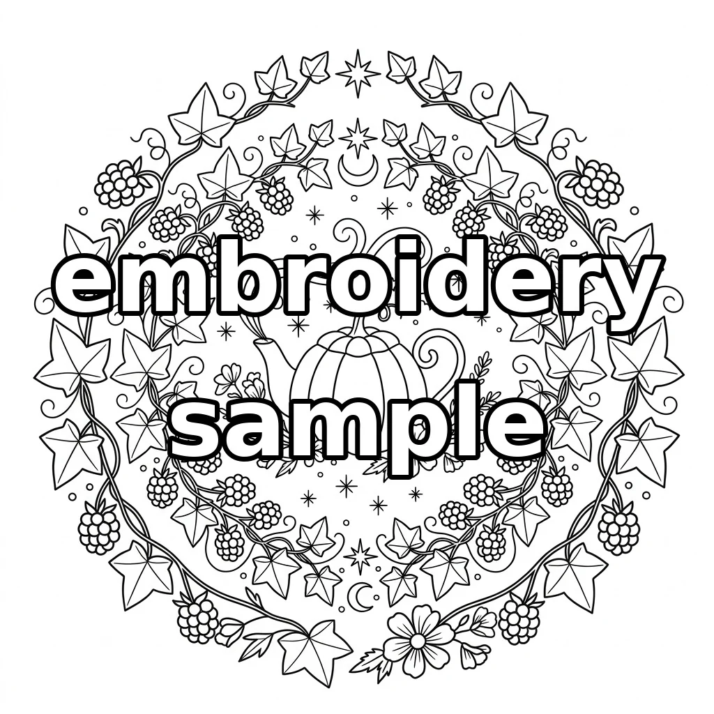 Watermarked Pumpkin Teapot with Blackberry Vines and Celestial Accents embroidery outline