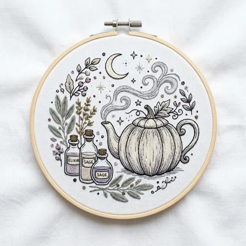 Pumpkin Teapot with Crescent Moon Herb Bottles and Curling Steam hand embroidery design