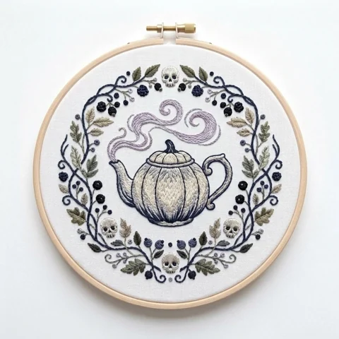 Pumpkin Teapot with Lavender Steam Tiny Skulls Blackberries hand embroidery design