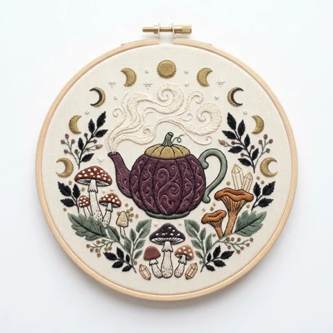 Pumpkin Teapot with Moon Phases Mushrooms Crystals and Botanical hand embroidery design