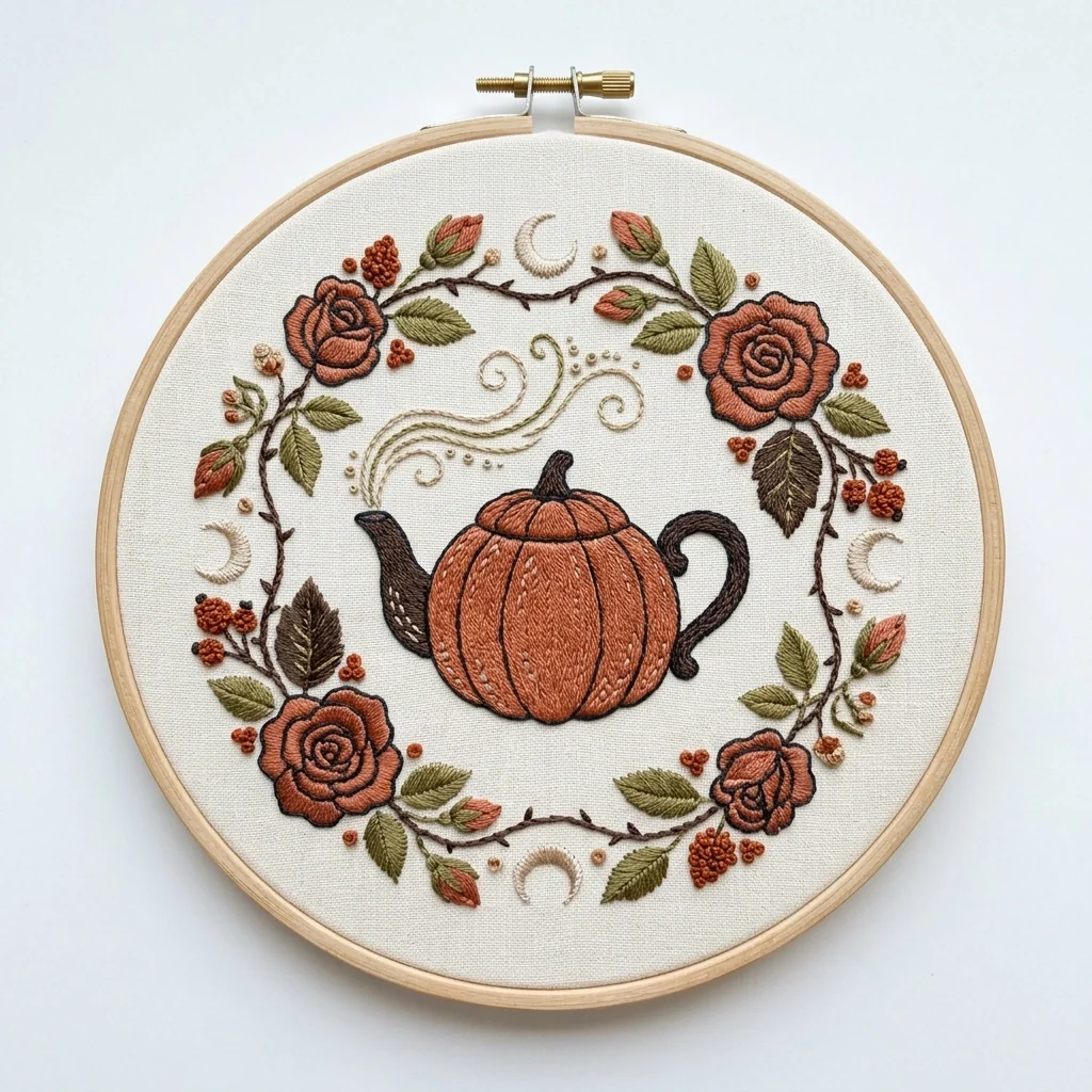 Pumpkin Teapot, Rust Roses and Crescent Moons colored hand embroidery design