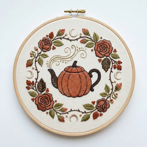 Pumpkin Teapot, Rust Roses and Crescent Moons hand embroidery design