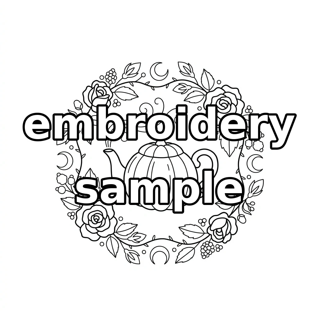 Watermarked Pumpkin Teapot, Rust Roses and Crescent Moons embroidery outline