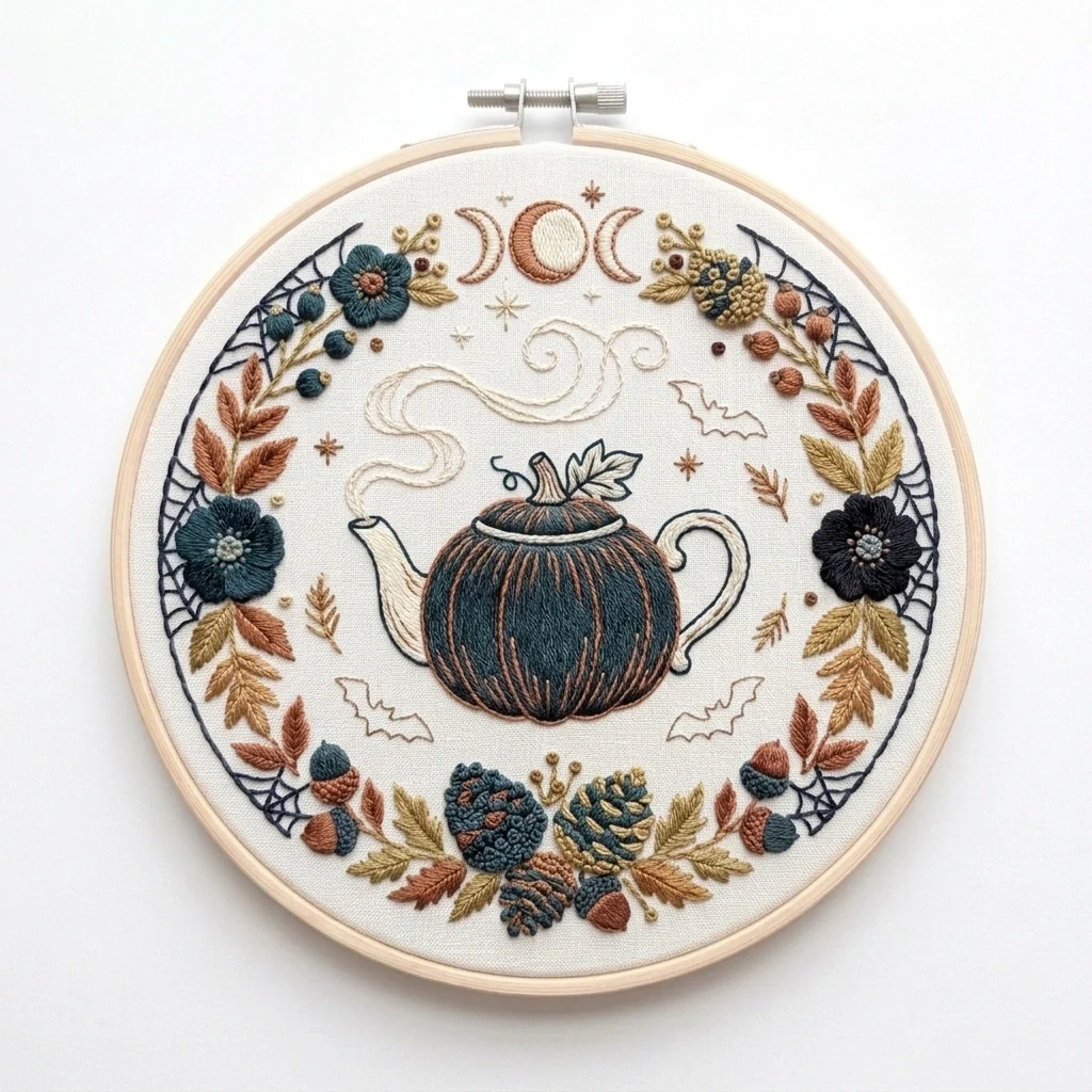 Pumpkin Teapot with Triple Moon Bats Acorns Pinecones and Spider Web colored hand embroidery design