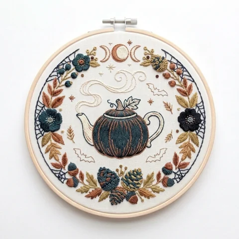 Pumpkin Teapot with Triple Moon Bats Acorns Pinecones and Spider Web hand embroidery design