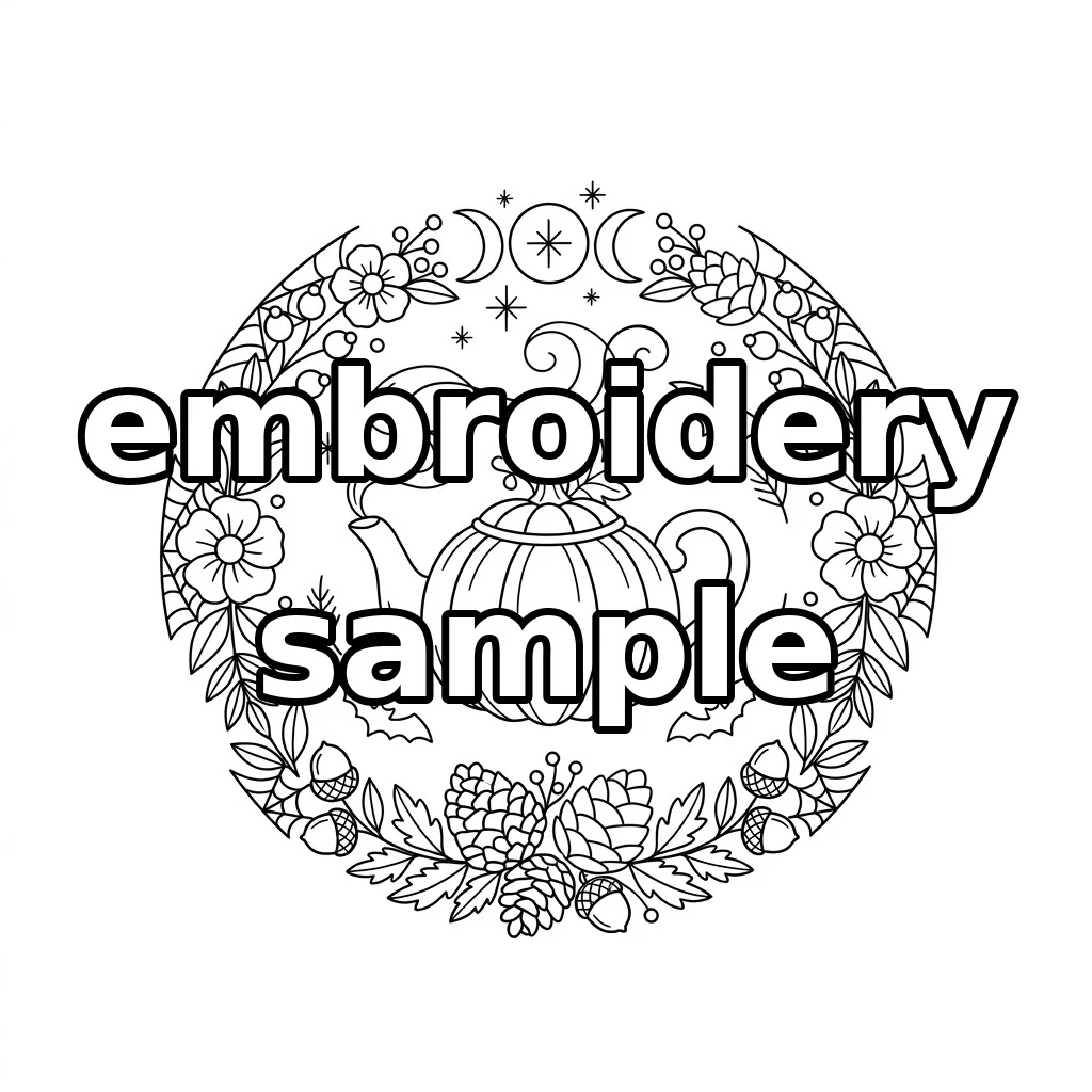 Watermarked Pumpkin Teapot with Triple Moon Bats Acorns Pinecones and Spider Web embroidery outline