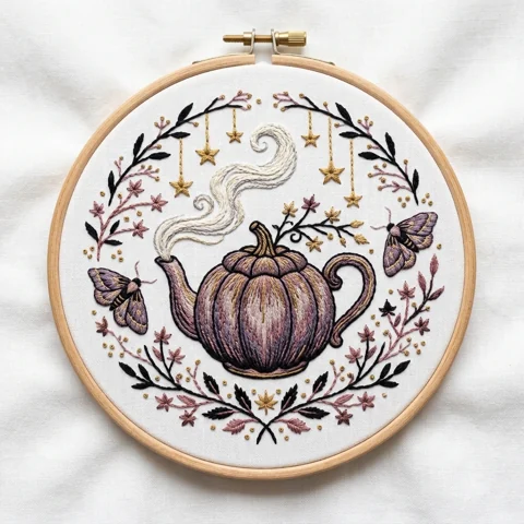 Pumpkin Teapot with Twin Moths Hanging Stars and Curling Steam hand embroidery design