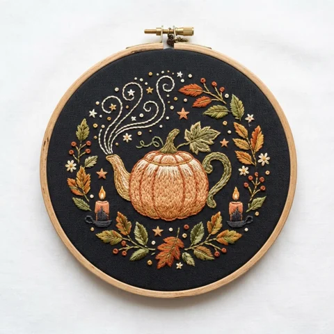 Pumpkin Teapot with Two Candles Autumn Foliage and Star Accents hand embroidery design