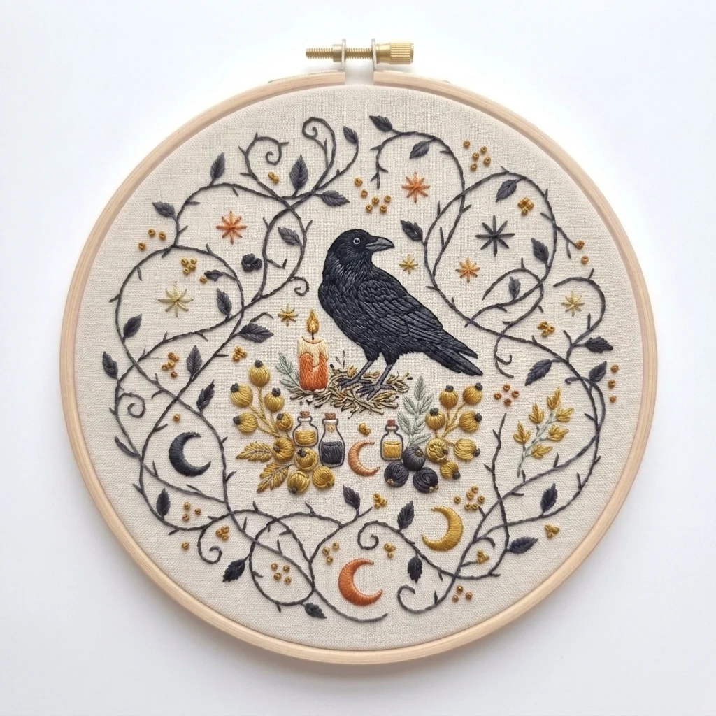 Raven Candle Celestial Vines colored hand embroidery design