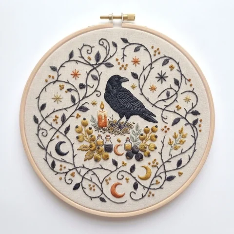 Raven Candle Celestial Vines hand embroidery design