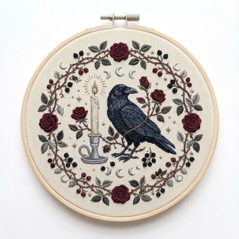 Raven Candle Lunar Rose Wreath hand embroidery design
