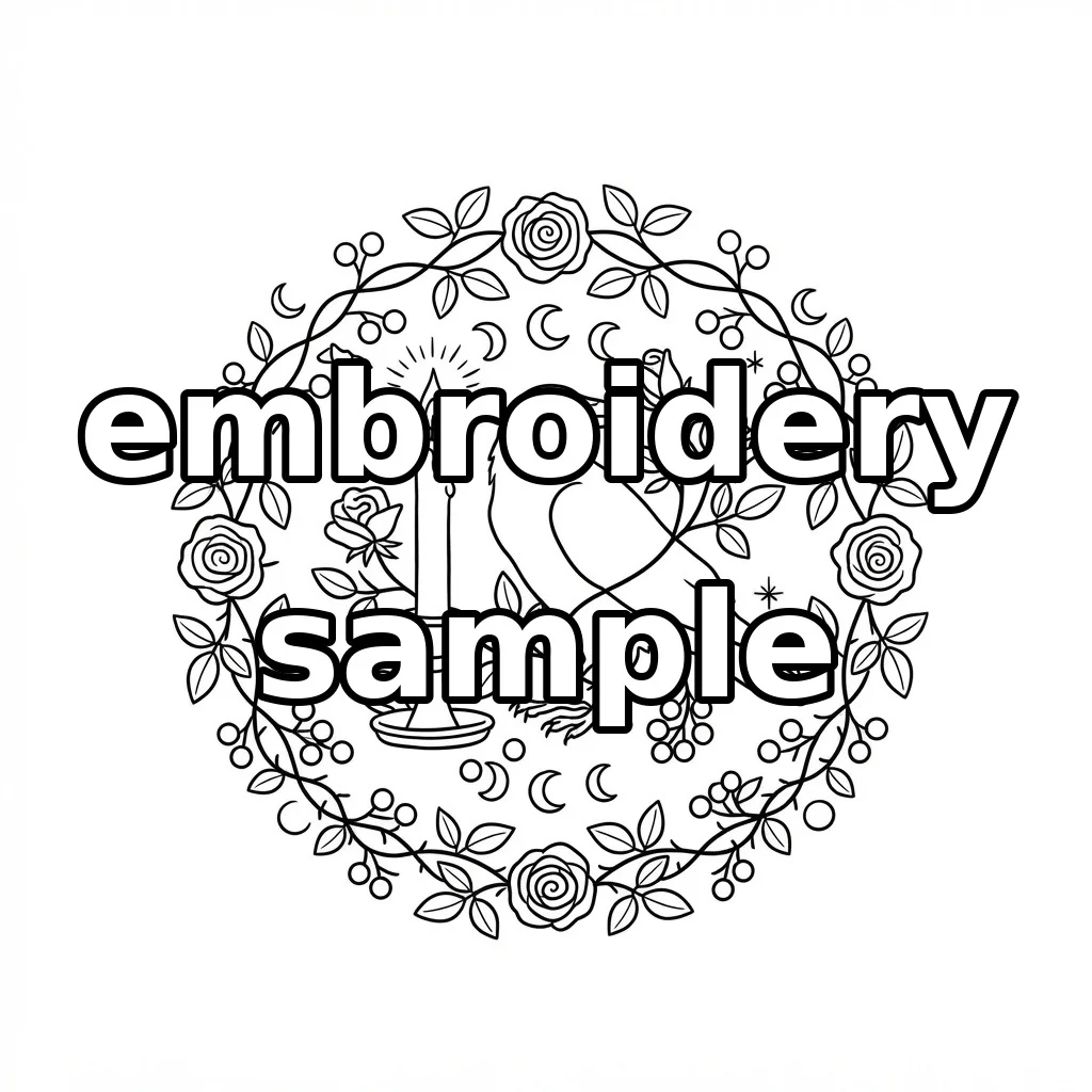 Watermarked Raven Candle Lunar Rose Wreath embroidery outline