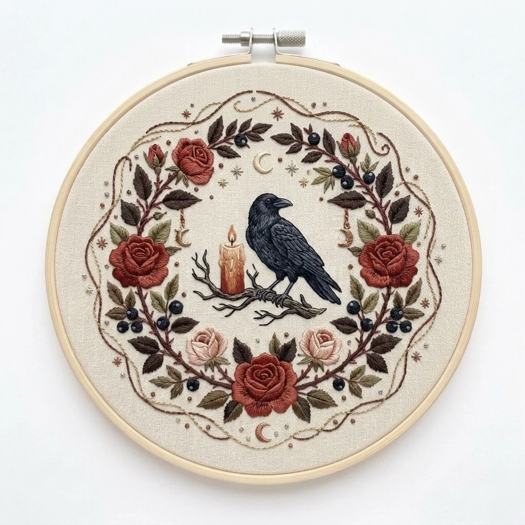 Raven Candle Rose Celestial Wreath colored hand embroidery design