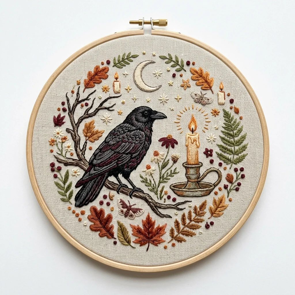 Raven Crescent Moon Candle Autumn Wreath colored hand embroidery design