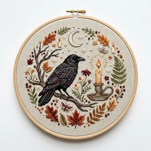 Raven Crescent Moon Candle Autumn Wreath hand embroidery design
