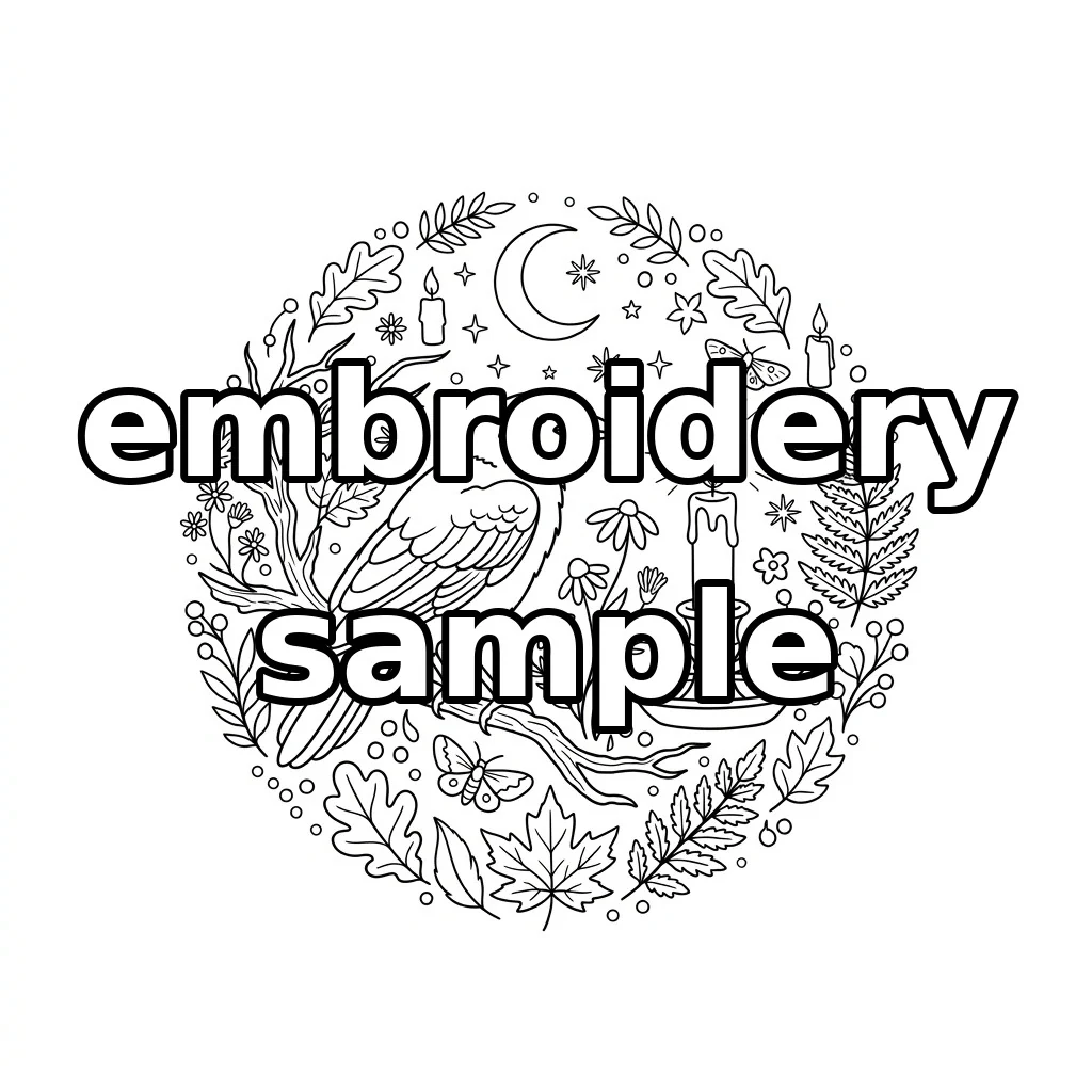 Watermarked Raven Crescent Moon Candle Autumn Wreath embroidery outline
